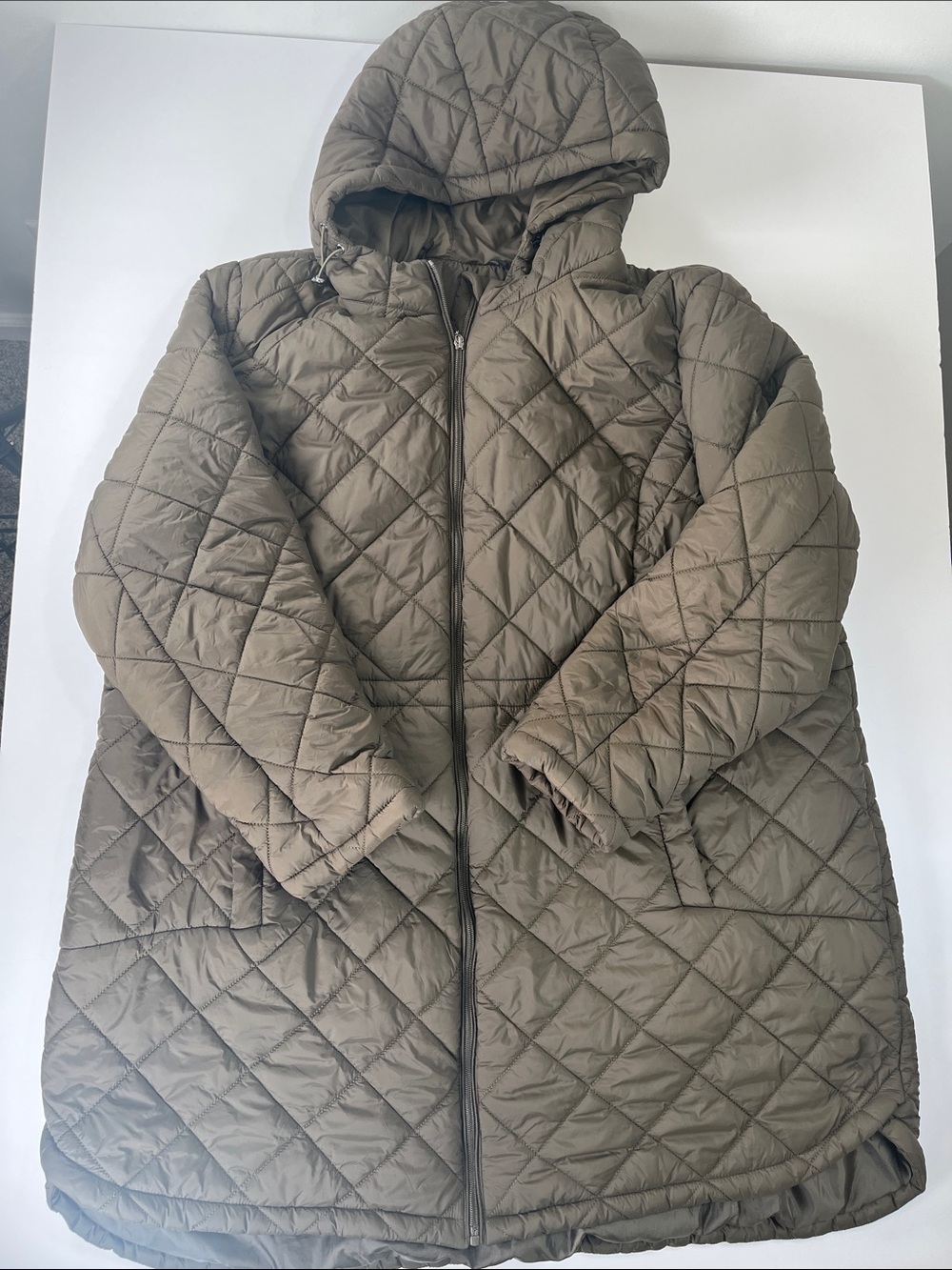 Ellen Tracy Quilted Hooded Puffer Cinch Waist Jacket in Olive Sz 3X